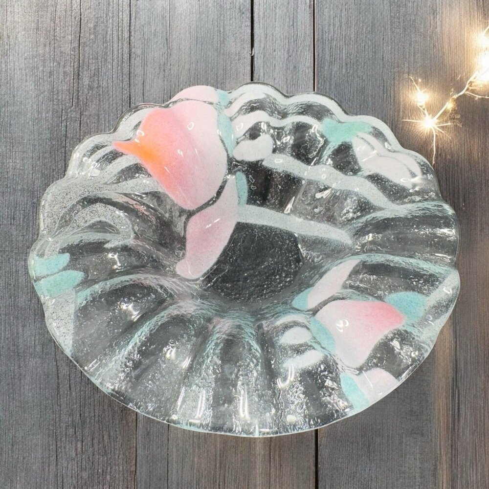 Sydenstricker Bowl Dish Fused Art Glass Ruffled Bowl‎ Clear Pink Flowers Signed